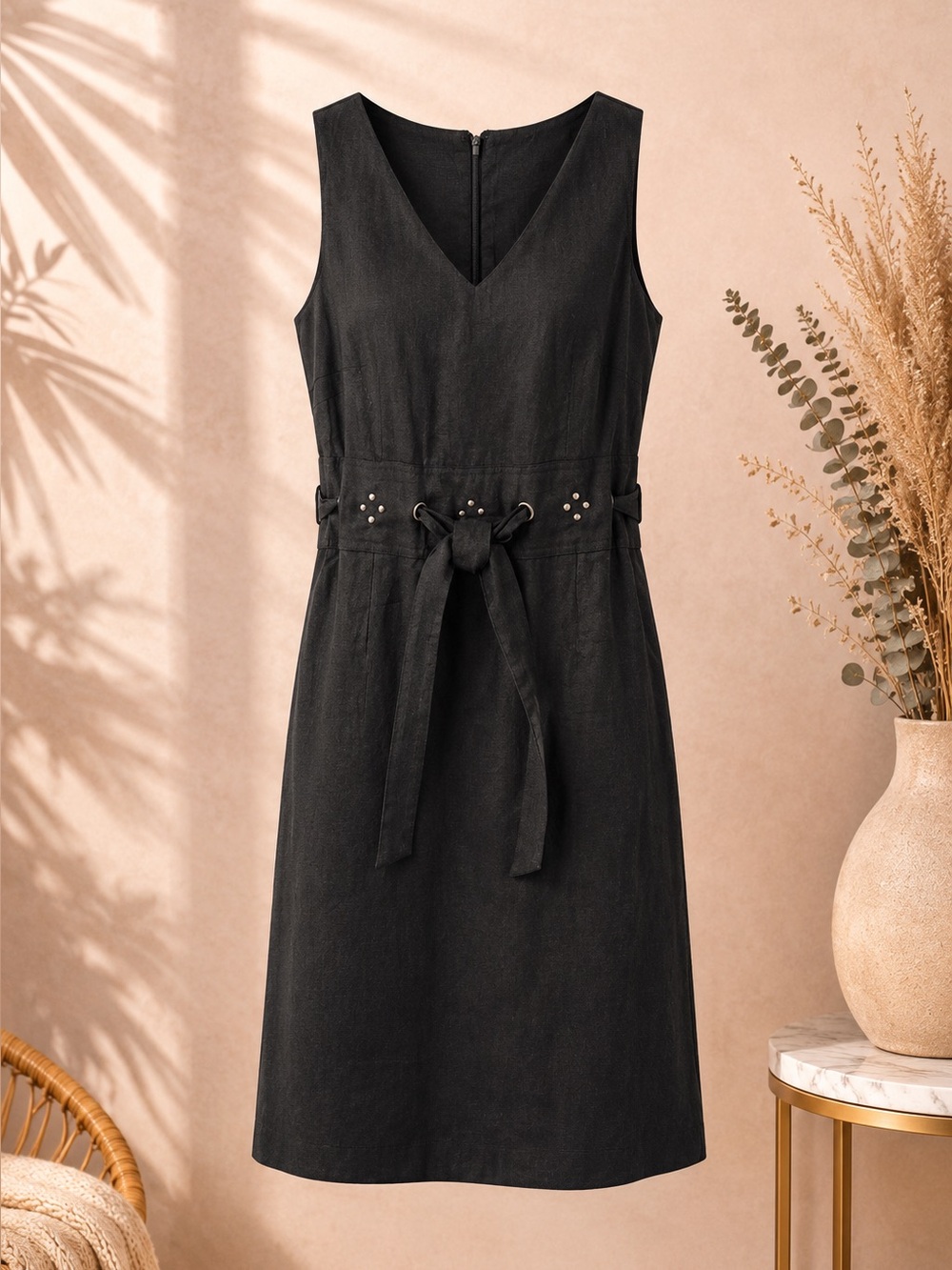 Jillian Jones Size 8 Linen Sleeveless Black V-Neck Tie-Waist Midi Dress